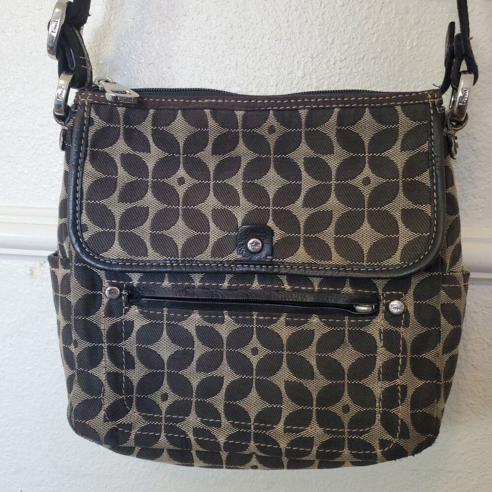 Fossil Signature Crossbody Bag Canvas Medium Pockets Black Purse Y2k‎ 90s